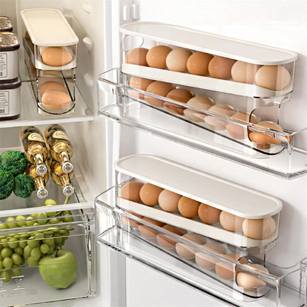 Egg Storage Holder - Auto Rolling Fridge Egg Organizer, Space