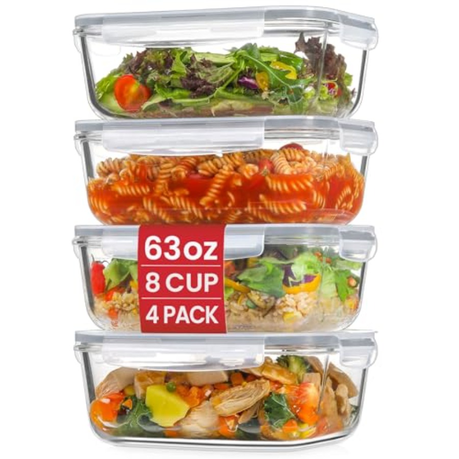 Food Storage Large Plastic Containers - 4 Pack 8 Cups/ 63oz Large