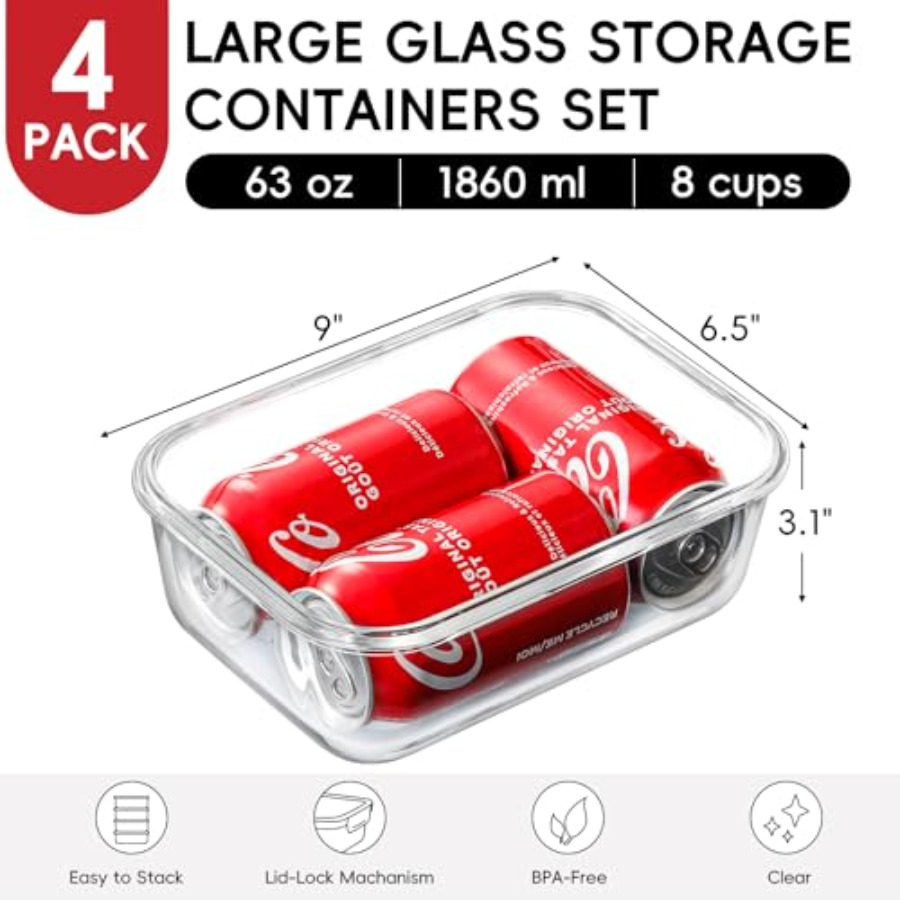 4 Pack 8 Cups/ 63oz Large Glas - Food Storage Large Plastic Containers avaliação e preço